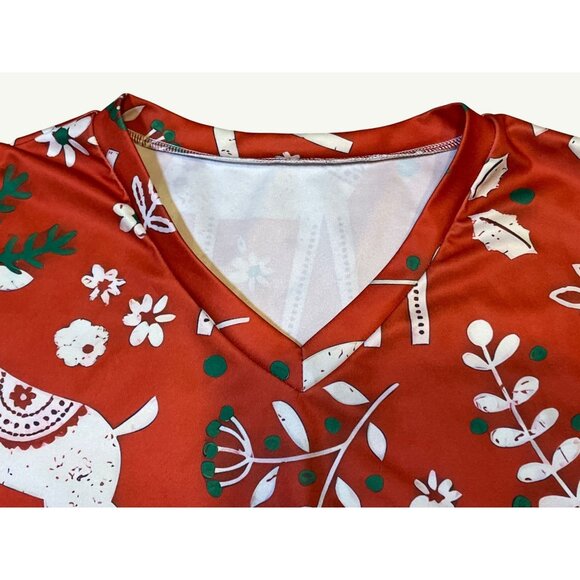 Medical Nurse Scrub TopReindeer Print V-Neck Reindeer Holiday Print - Picture 3 of 7